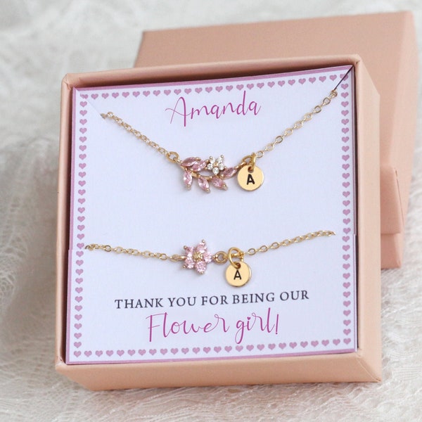 personalized flower girl gift, flower girl bracelet necklace set, leaf necklace, toddler flower girl, will you be my flower girl proposal