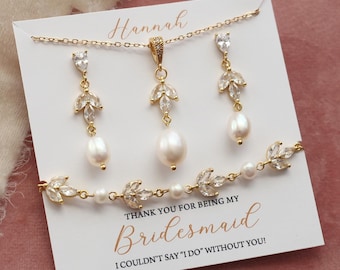 Brautjungfer Armband Olivenblatt Halskette Ohrringe Set Süßwasserperle personalisierte Brautjungfer Geschenke Brautparty-Schmuck Brautjungfer Vorschlag
