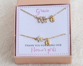 personalized flower girl gift, flower girl bracelet necklace set, leaf necklace, toddler flower girl, will you be my flower girl proposal