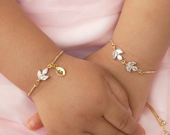 Flower girl bracelet, Junior Bridesmaid Proposal Gift, Junior bridesmaid bracelet earrings, olive leaf adjustable bracelet, wedding gift