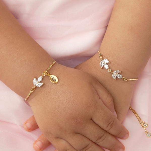 Flower girl bracelet, Junior Bridesmaid Proposal Gift, Junior bridesmaid bracelet earrings, olive leaf adjustable bracelet, wedding gift