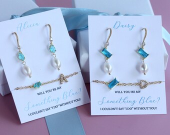 Something Blue crew bracelet earrings set, Bridal Shower Gift, something blue for bride, Bridal Party Jewelry, bridesmaid proposal gifts