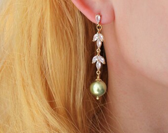 bridesmaids earrings, personalized bridesmaid gifts set, olive leaf pearl earrings, bridesmaid proposal, Bridal party, Cubic Zirconia