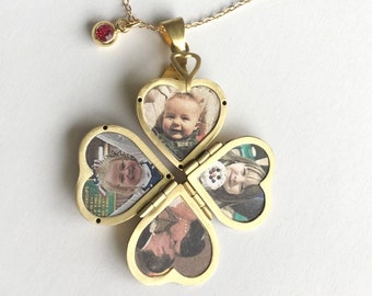 médaillon commémoratif Collier avec photo, médaillon familial vintage Collier, quatre photos Médaillon coeur, médaillon de trèfle, cadeau pour maman Cadeau de fête des mères