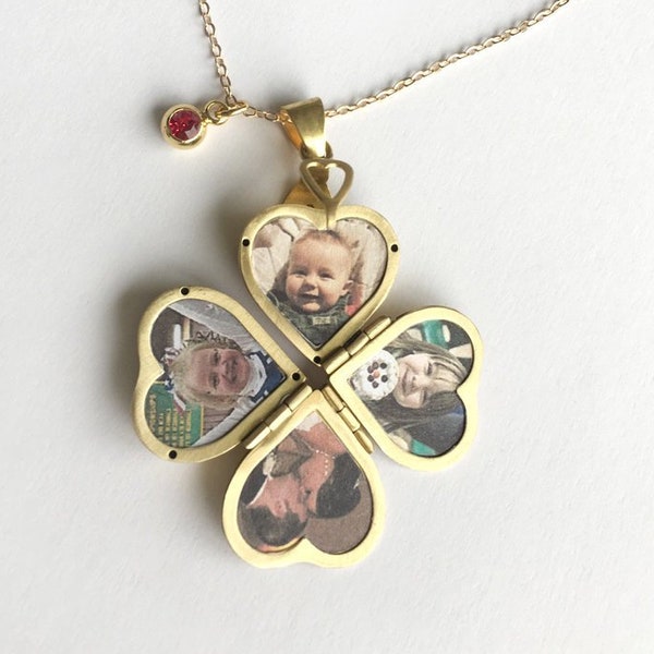 médaillon commémoratif Collier avec photo, médaillon familial vintage Collier, quatre photos Médaillon coeur, médaillon de trèfle, cadeau pour maman Cadeau de fête des mères