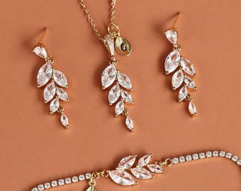 bridesmaid gifts, wedding jewelry set, olive leaf earrings, personalized bridesmaid bracelet initial necklace,  bridesmaid proposal