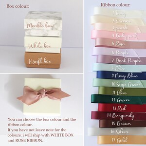 May include: A white box with a rose ribbon. The box is shown with three different box options: marble, white, and kraft. The image also shows a list of 17 ribbon colors.