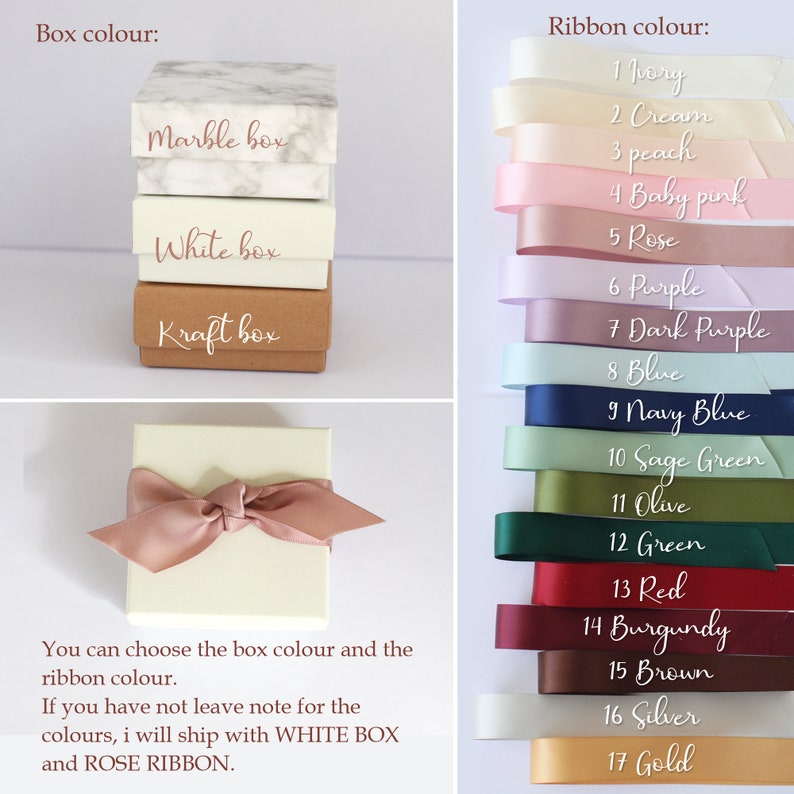 May include: A white box with a rose ribbon. The box is shown with three different box options: marble, white, and kraft. The image also shows a list of 17 ribbon colors.