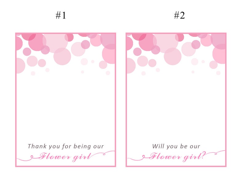 May include: Two pink cards with a pink bubble pattern at the top. The first card says "Thank you for being our Flower girl". The second card says "Will you be our Flower girl?"