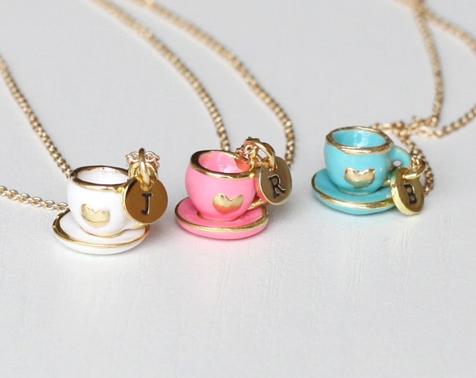 Tea Cup Necklace Initial Necklace Tiny Pink Tea Pot Jewelry Etsy