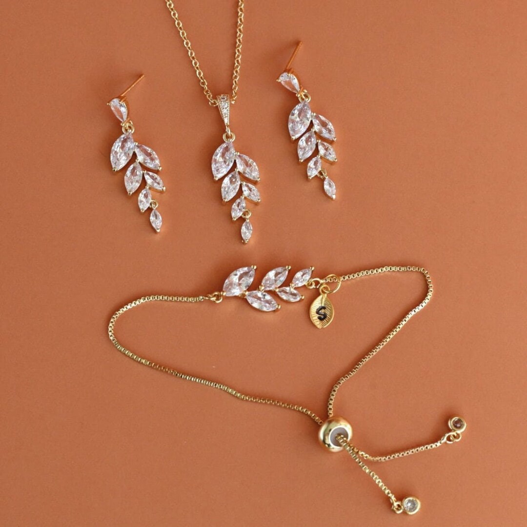 Bridesmaid Gifts, Wedding Jewelry Set, Olive Leaf Earrings, Personalized Bridesmaid Bracelet