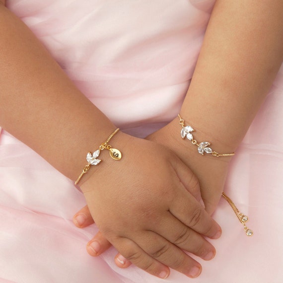 Flower girl bracelet, Junior Bridesmaid Proposal Gift, Junior bridesmaid bracelet earrings, olive leaf adjustable bracelet, wedding gift