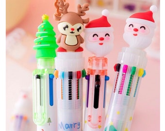 Kawaii Christmas Tree, Santa Claus  and Reindeer 10 Colors Ballpoint Pen | 10 Colors Pen | Colorful Ball Pen | Cute Office School Stationery
