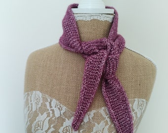 Hand Knitted dark pink colour mini scarf  -  Cotton/acrylic mix yarn tapered neckerchief -  Knitted neck tie