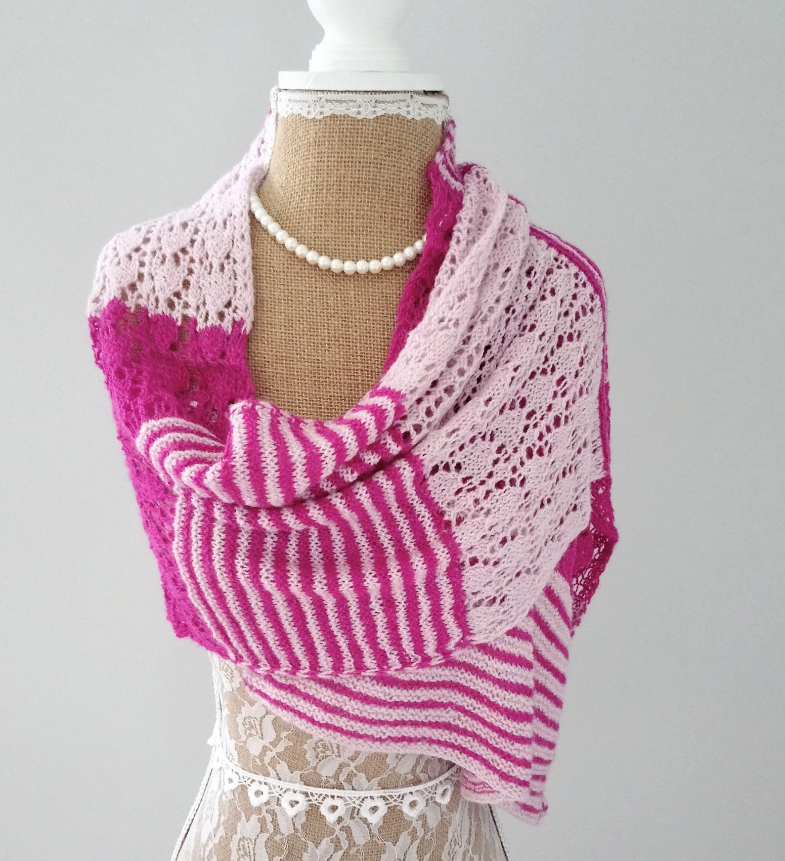 Hand Knitted Wide Lacy Scarf Lacy Knit Pink Scarf Knitted Etsy