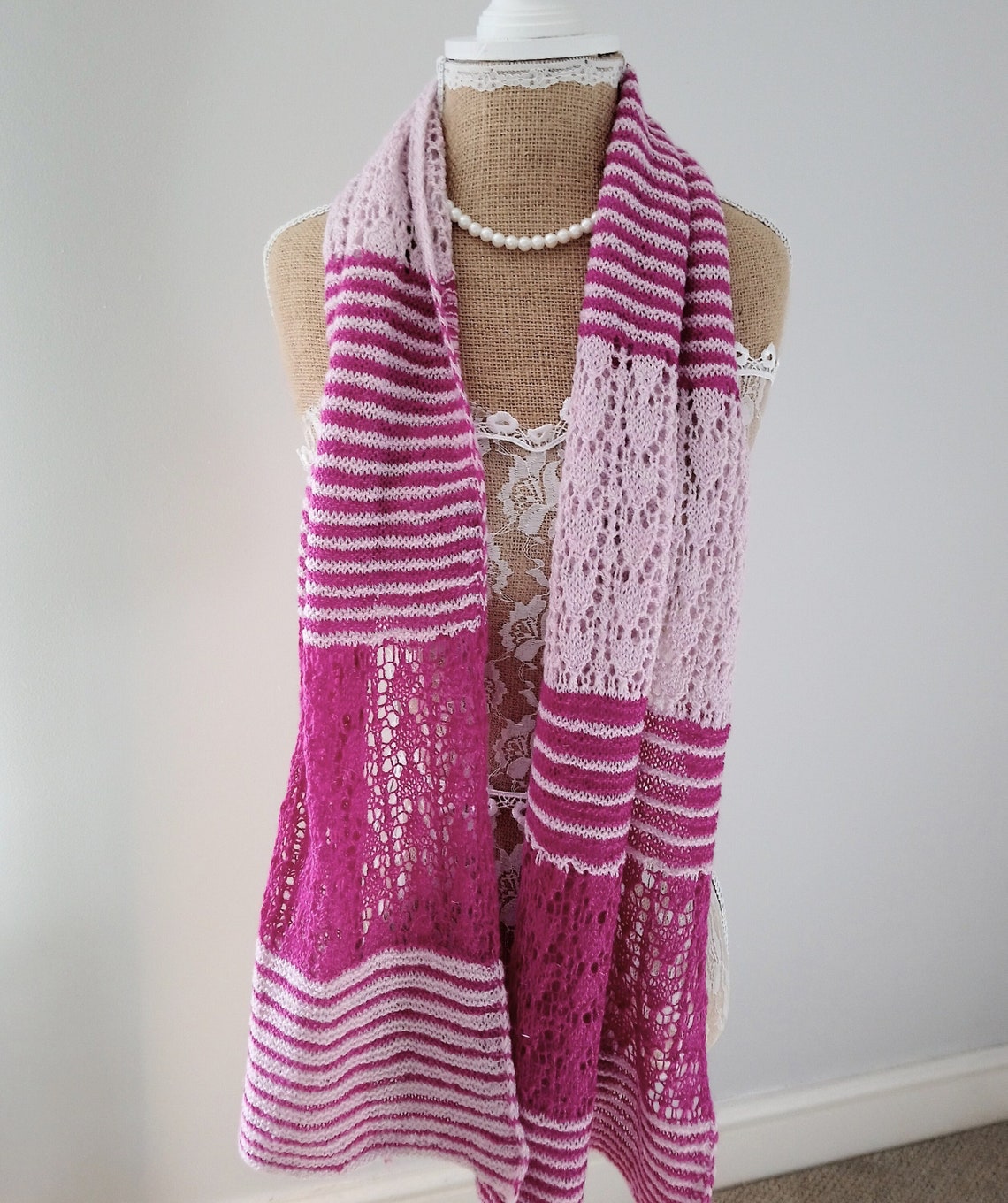 Hand Knitted Wide Lacy Scarf Lacy Knit Pink Scarf Knitted Etsy