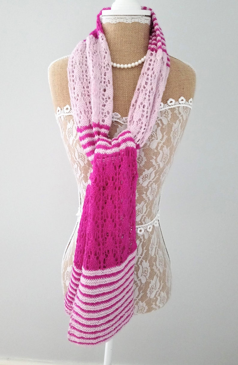 Hand Knitted Wide Lacy Scarf Lacy Knit Pink Scarf Knitted Etsy