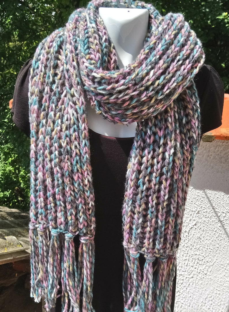 Wool Scarf Chunky Knit Tassels Long Knitted Warm Stripe Colourful Shawl