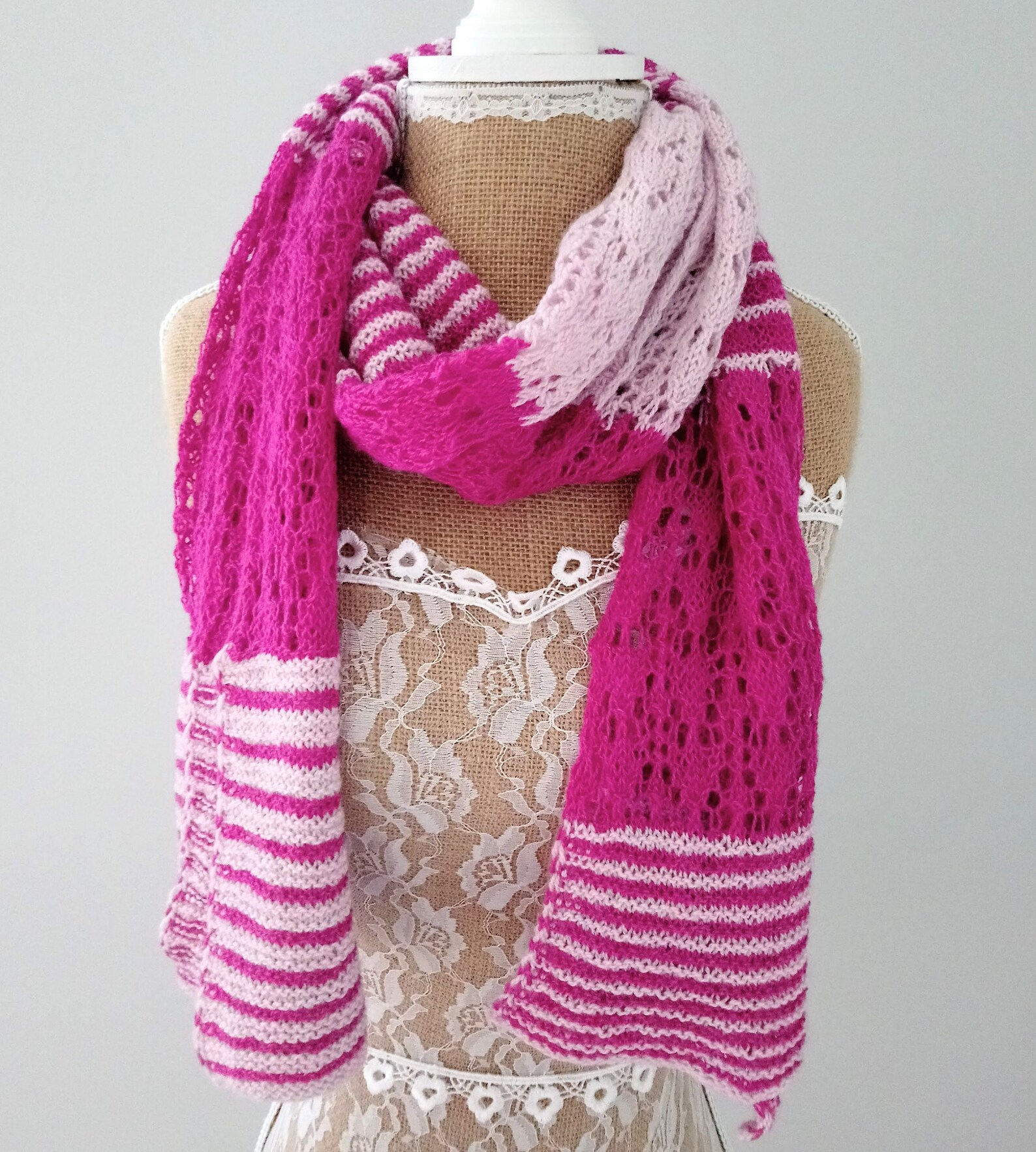 Hand Knitted Wide Lacy Scarf Lacy Knit Pink Scarf Knitted Etsy