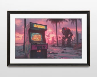 Miami Mech Arcade Art Print, Retro Sci-Fi, Dystopian (Digital Download)