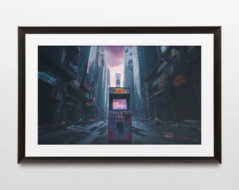 Dystopian Arcade Art Print, Retro Sci-Fi, Futuristic Wall Decor (Digital Download)
