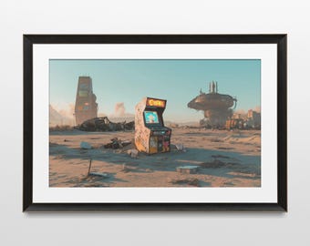 Sci-Fi Arcade Art Print, Retro Steampunk Dystopian Landscape (Digital Download)