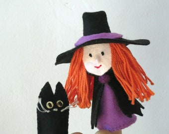 Witch Finger Puppet Sewing Pattern,  Black Cat Finger puppet, Handmade Felt toy gift, Felt ornament, Kawaii decor, DIY craft project