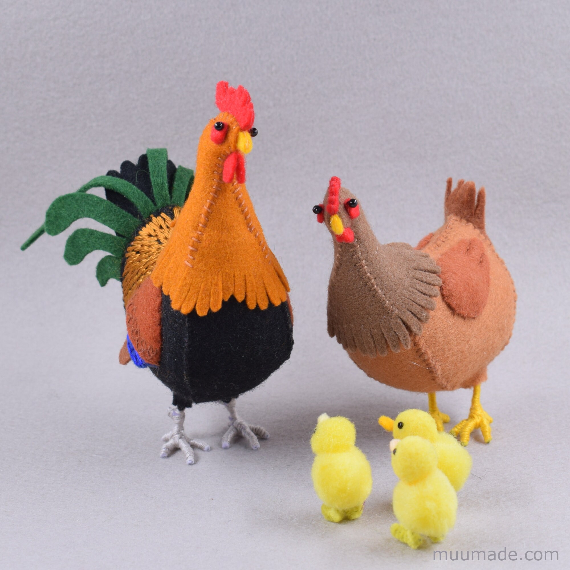 にわとりの型紙＆作り方：雄鶏＆雌鳥の2組セット｜手縫い用の実物大型