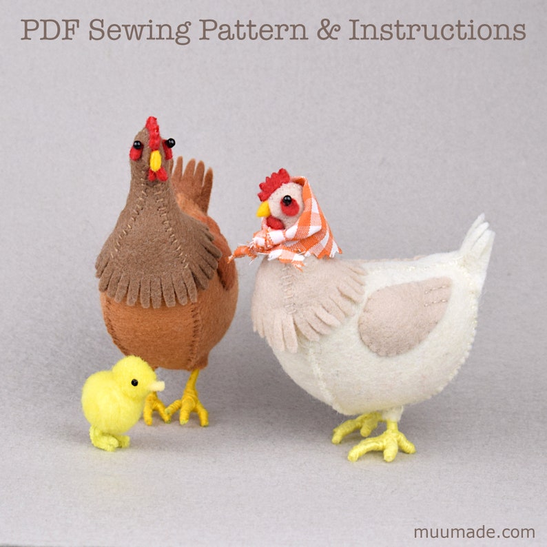 Chicken Sewing Pattern, Hen pattern tutorial, Felt Animal Pattern, Handmade Gift, Farm Animal Toy, Farmhouse decor, Bird Ornament image 1