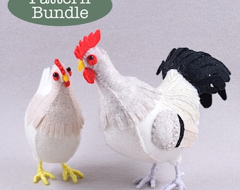Chicken Sewing Pattern Bundle: DIY Hen & Rooster, Felt Farm Animal Tutorial in English (PDF Download)