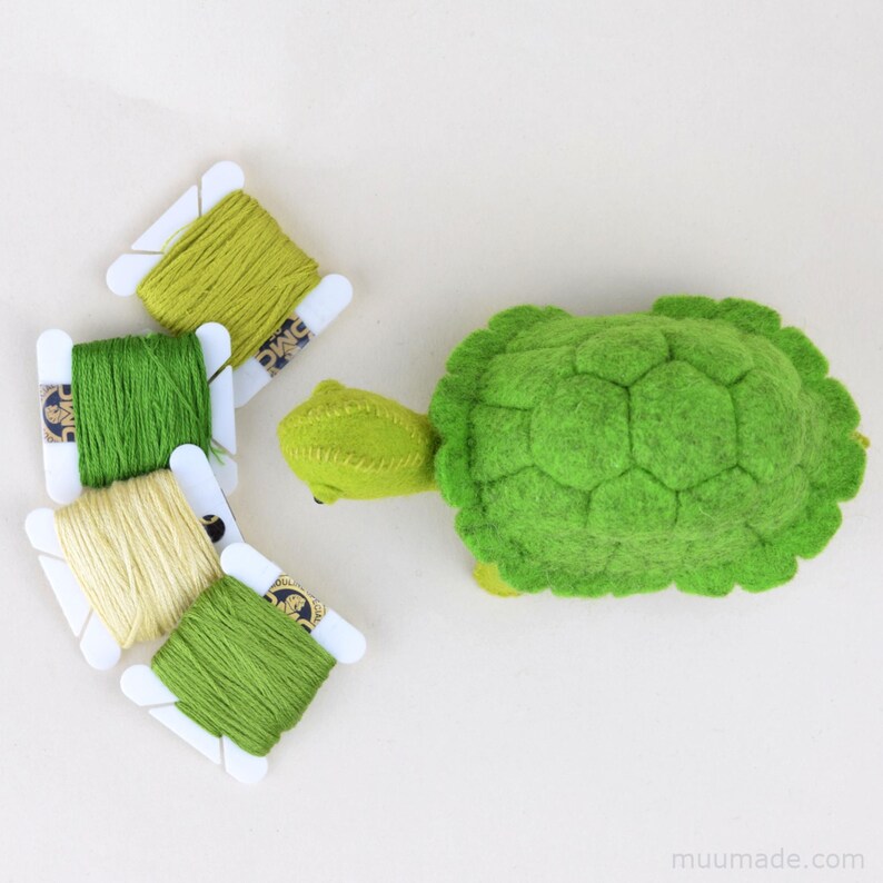 A green felt turtle. Its sewing pattern & instructions is available for instant download from muumade.etsy.com.