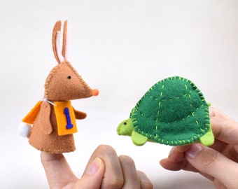 Tortoise Hare Finger Puppet Sewing Pattern Set, Bunny Rabbit, Turtle, Felt animal patterns, DIY Felt toy, Easy sewing patterns, Aesop Fable