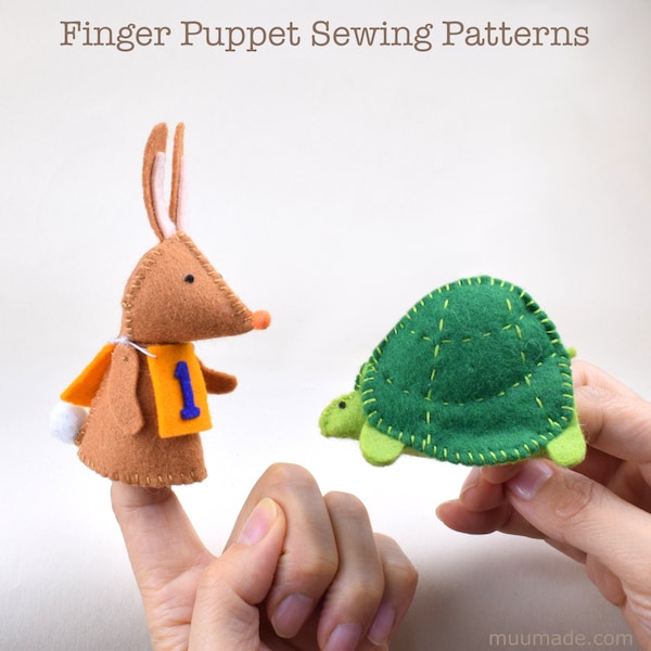 Tortoise Hare Finger Puppet Sewing Pattern Set, Bunny Rabbit, Turtle, Felt animal patterns, DIY Felt toy, Easy sewing patterns, Aesop Fable