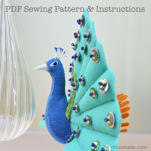 Peacock Sewing Pattern, Felt Bird Pattern, Stuffed Animal Pattern, Unique Handmade Gift, Peacock decor, Animal sewing pattern, Bird Ornament