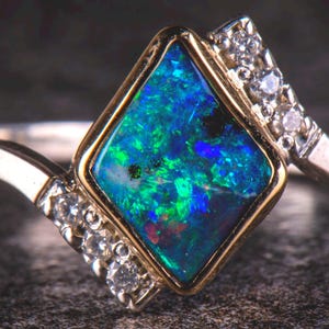 Boulder Opal Silver And 14ct Gold. Ring Size 8 US Moissanite Bling Stones