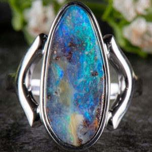 Boulder Opal Rhodium protected 925 Silver Ring. Size 8US .