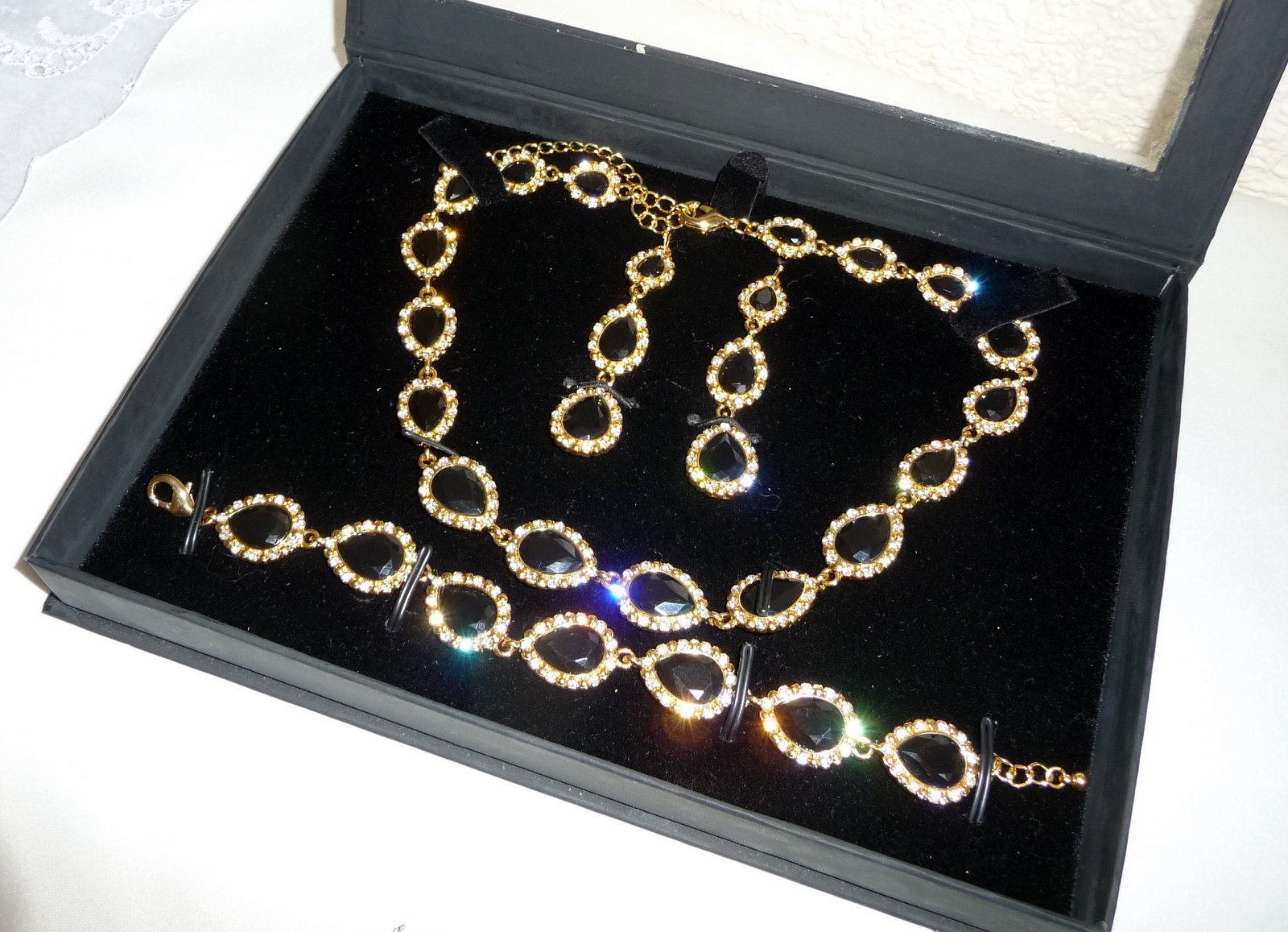Stunning Amanda Suarez Gold Plated Black & Clear Crystal Statement 
