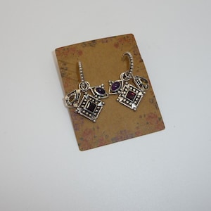 Vintage 925 Sterling Silver Multi-Gemstone Interchangeable Charm Hoop Earrings • Bohemian Indian Ornate Dangle Drops