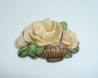 Detailed Vintage Retro Hand Painted Celluloid 3-Dimensional Roses Flowers in Basket Brooch