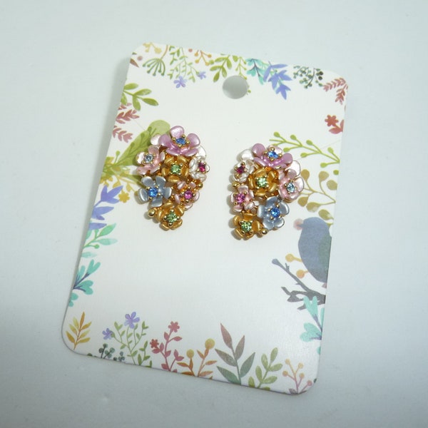 A Pretty Pair of Vintage Retro Multi Colour Crystal & Enamel Gold Tone Cluster Flower Earrings for Pierced Ears