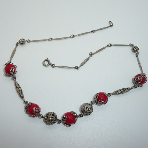 Elegant Antique Early Czech Neiger Brothers Linked Red Glass & Filigree Bead Necklace