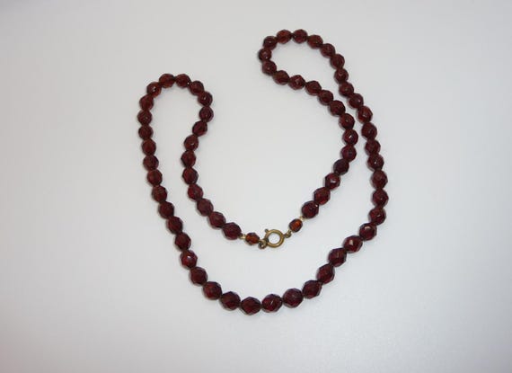 Vintage Deep Citrine / Dark Honey Colour Glass Faceted Bead Necklace - Hand-Knotted
