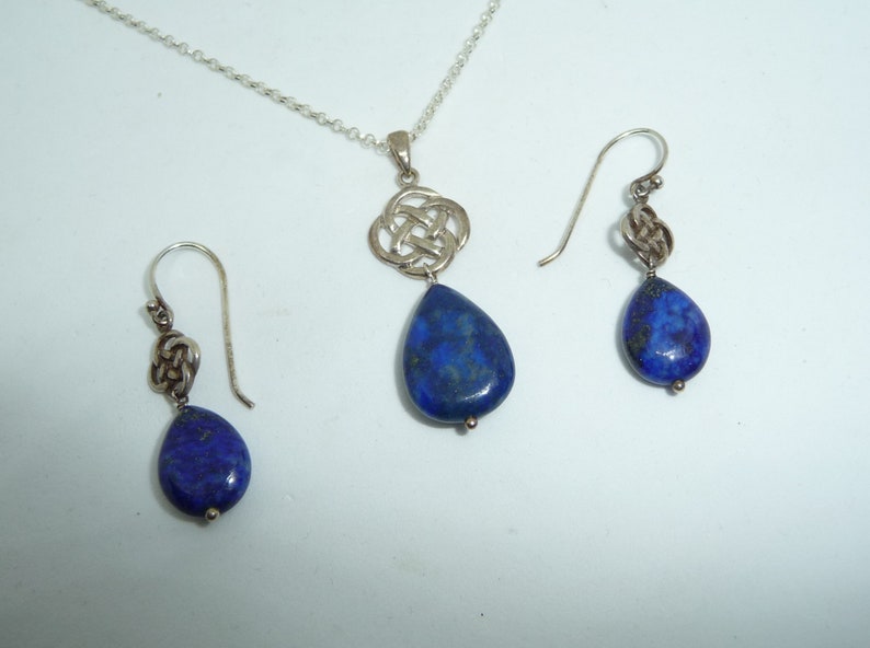 Vintage Sterling 925 Silver Celtic Eternal Knot Lapis Lazuli Drop Necklace Pendant /& Earrings