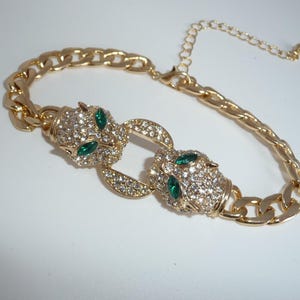 Stunning Crystal Set Two Panther Head Gold Plated Flat Link Statement Bracelet