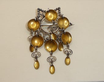 Antique Norwegian Solje Brooch: 830 Silver & Gold Dangles, Scandinavian Bridal Jewelry