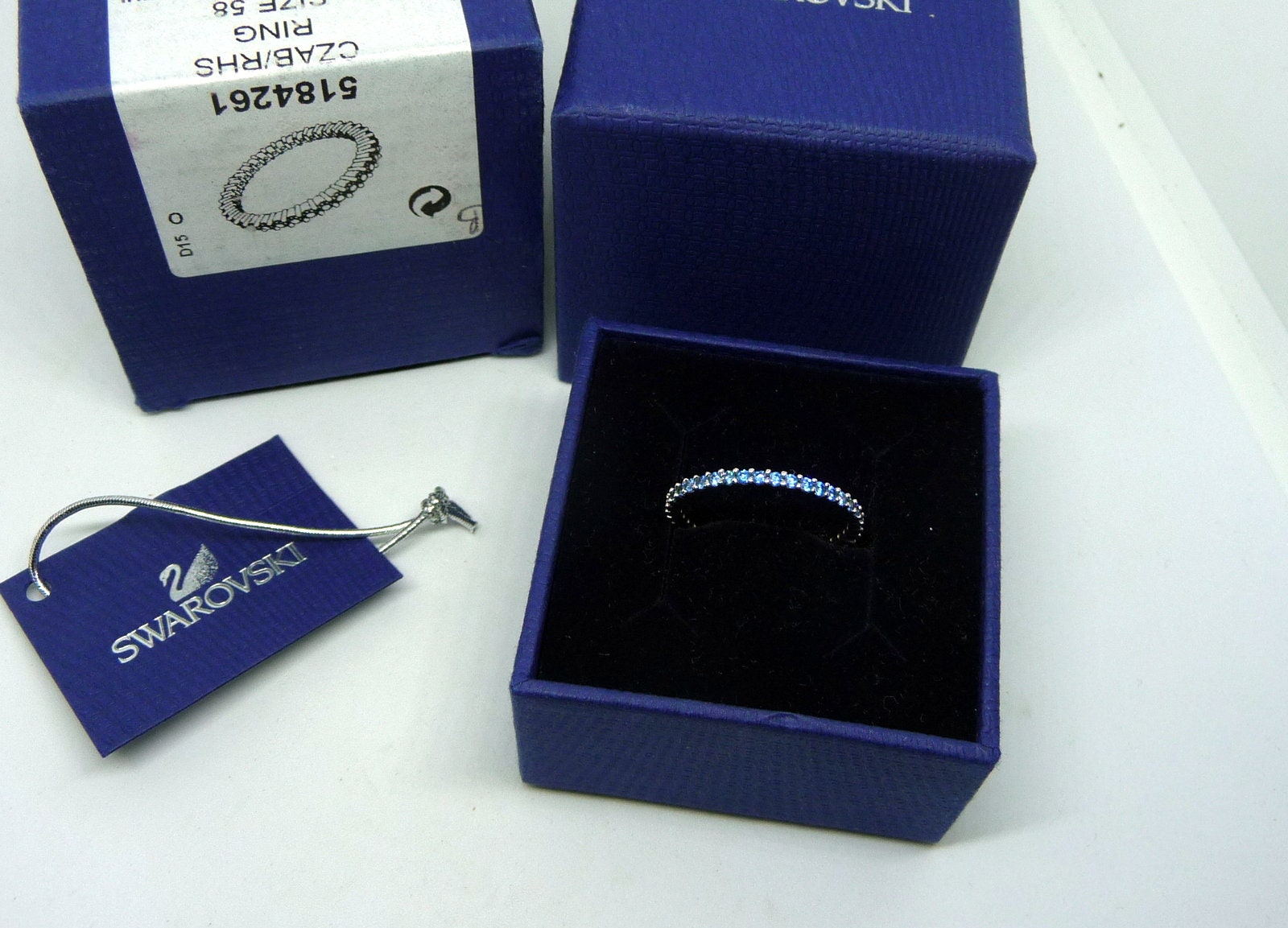 Fabulous Genuine Swarovski Blue Crystal Vittore Stackable Rhodium Plated Ring with Box and Tag