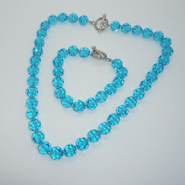 Beautiful Bespoke Facet Cut Blue Turquoise Coloured Crystal Bead Necklace and Matching Bracelet