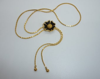 Vintage Risis Pat 1094 483 Gold Plated Black Enamel Flower Slider Lariat Necklace