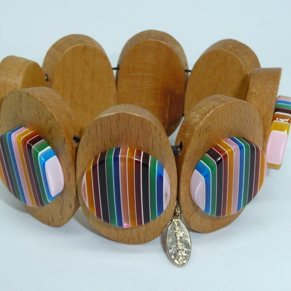 Vintage Designer Fornarina Italy Wood &  Sobral Style Multi Coloured Liqorice Striped Resin Circles Statement Cuff Bangle