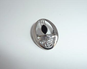 Elegant Vintage Kit Heath Art Nouveau Inspired Sterling Silver & Jet Mackintosh Rose Design Brooch